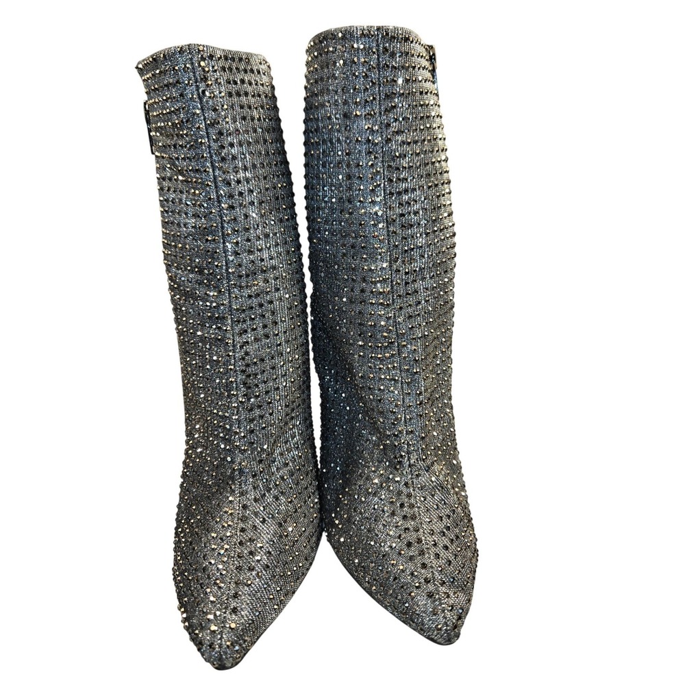 Silver Rhinestone Stiletto Ankle Boots Pointed Toe Sparkly Booties Size 6.5